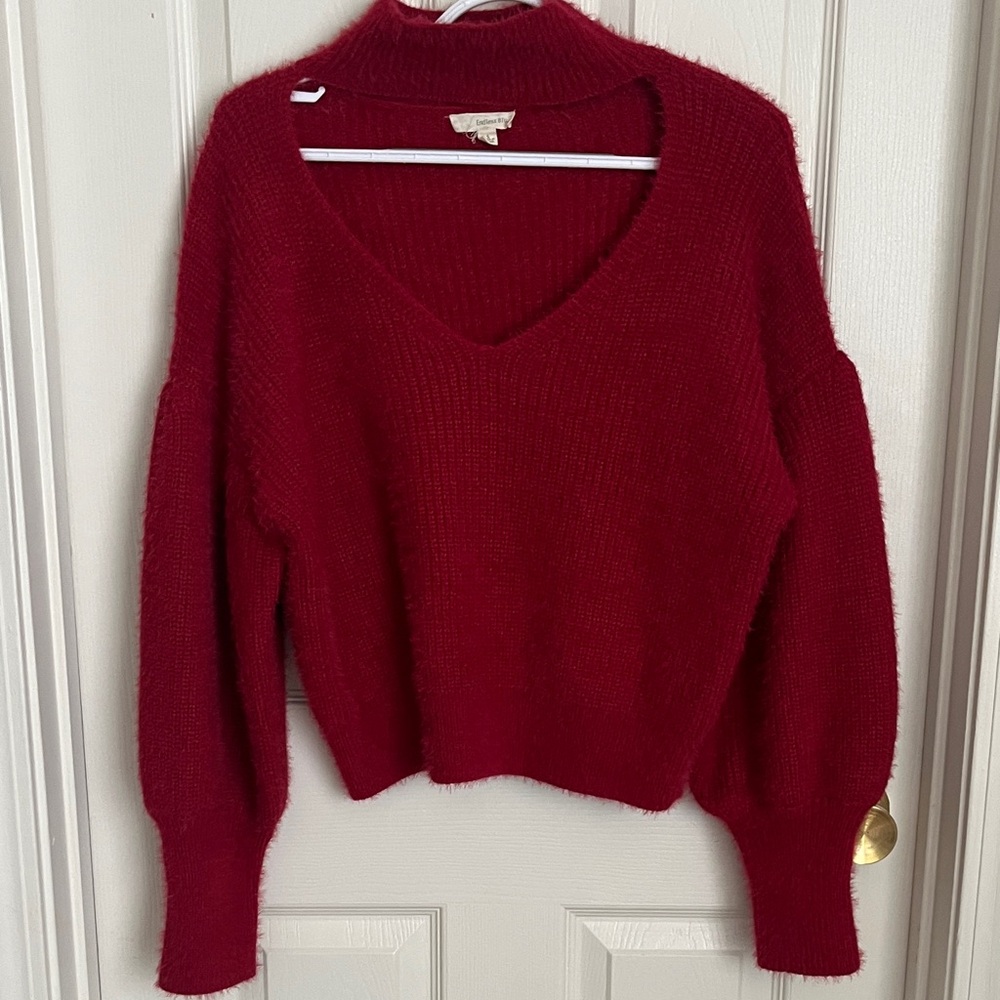 Endless Blu Fuzzy Red Open Neck Turtleneck Sweater Size S